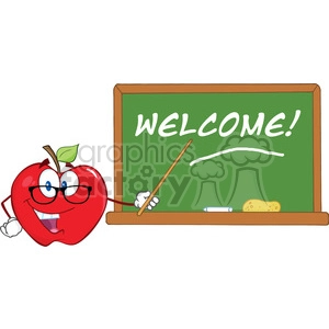 6512 Royalty Free Clip Art Smiling Apple Teacher Character With A Pointer In Front Of Chalkboard With Text