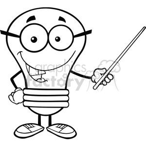 6093 Royalty Free Clip Art Light Bulb Character With Glasses Holding A Pointer