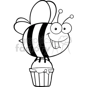6549 Royalty Free Clip Art Black and White Smiling Cute Bee Flying With A Honey Bucket