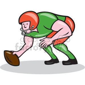 The clipart image shows a cartoon of a football player in a ready position about to snap or hike the football. The player is wearing a red helmet with a face guard, a green and red uniform with shoulder pads, and black shoes. They are bent over with one hand extended toward the brown football that is positioned on the ground.