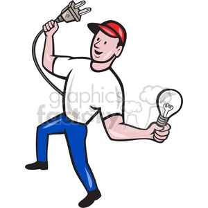 The clipart image depicts a cartoon character, a man wearing a red cap, a white T-shirt, and blue pants. He is happily holding a light bulb in his right hand and a power plug in his left hand, with the cable connecting the two winding behind his back. 