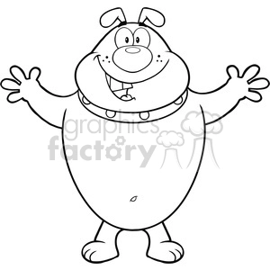 The clipart image features a cartoon-style drawing of a happy and funny-looking dog. The dog appears to be standing upright on its hind legs with its front paws outstretched, as if ready to give a hug or excitedly greeting someone. It has a large, rounded body with a prominent belly, a wide, smiling face with large, round eyes and floppy ears, and a collar around its neck with dangling tags, suggesting it is a domestic pet.