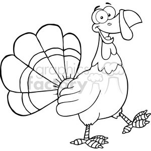 This clipart image features a cartoon representation of a turkey, often associated with Thanksgiving. The bird is depicted in a side profile with an exaggeratedly large fan of tail feathers and a cartoonish expression on its face. It seems to be a black and white image, suitable for coloring activities.