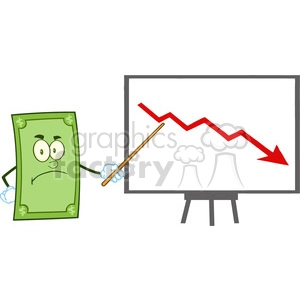 This clipart image depicts an anthropomorphic dollar bill character standing next to a chart showing a downward trending arrow, indicating a decrease or loss in financial terms. The dollar bill character has a displeased or worried expression, holding a pointer stick directed at the declining graph.