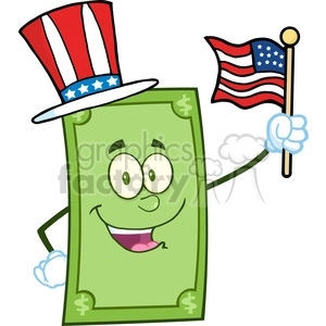 The clipart image displays a happy anthropomorphic character representing a green dollar bill. The character is wearing a top hat styled after the American flag, with red and white stripes and a blue band adorned with white stars, reminiscent of Uncle Sam's hat. The character is also holding a small American flag on a stick in one hand, signifying its American theme.