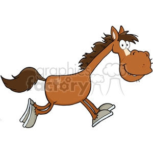 The image is a cartoon clipart of a smiling horse. The horse is depicted in a playful pose, trotting and looking happy. It has a brown body with lighter spots, a dark brown mane and tail, white hooves, and it's sporting a big, friendly grin. The style is exaggerated and animated, designed to be humorous and endearing.