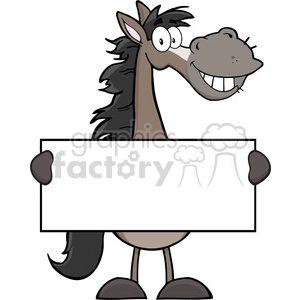 This is a clipart image of a cartoon horse standing upright on its hind legs, holding a blank white sign with its front hooves. The horse has a big, friendly smile, showing teeth, and it has large expressive eyes. The tail of the horse is swishing to one side, and its mane looks slightly messy. The image is designed to allow text or a message to be added to the sign, making it suitable for various advertisements or messages.