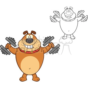 The clipart image depicts a cartoon dog with a large, cheerful smile, holding dumbbells in each hand. The dog appears to be in the midst of exercising or posing with the weights. The image is colorful and humorous, showing the dog as being happy about its fitness routine.
