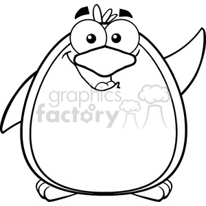 The image is a black and white line drawing of a humorous cartoon penguin. The penguin has a sizable, rounded body, big eyes, a smiling beak, and an expressive brow giving it a playful appearance. The penguin's wings are outstretched to the sides as if it is striking a pose or getting ready for a hug.