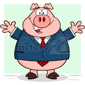 The clipart image shows a cartoon pig standing upright and dressed in formal business attire. The pig is wearing a dark blue suit, a white shirt, and a red striped tie. It appears cheerful and is smiling broadly, with its arms wide open as if ready for a hug or presenting something.