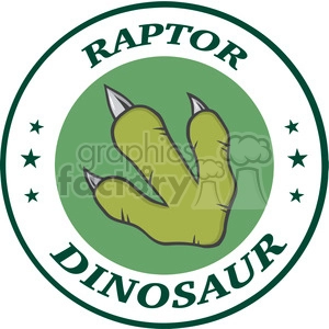 The image shows a stylized representation of a dinosaur paw print, possibly a raptor, set against a green background within a round badge or emblem. Above the paw print is the word RAPTOR and below it is the word DINOSAUR. The emblem is circumscribed by a white circle with a thick border, inside of which the aforementioned texts are displayed. Around the paw print there are small star shapes decorating the design.