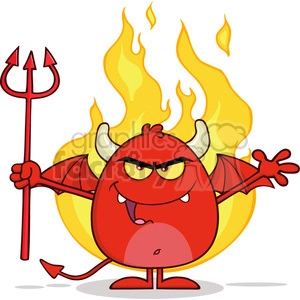 8963 Royalty Free RF Clipart Illustration Angry Red Devil Cartoon Character Character Holding A Pitchfork Over Flames Vector Illustration Isolated On White