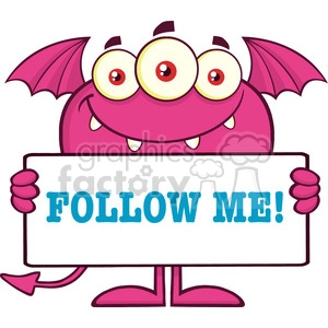 8921 Royalty Free RF Clipart Illustration Smiling Pink Monster Cartoon Character Holding A Follow Me Sign Vector Illustration Isolated On White