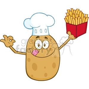 8786 Royalty Free RF Clipart Illustration Chef Potato Cartoon Character Gesturing Ok And Holding Fries Vector Illustration Isolated On White