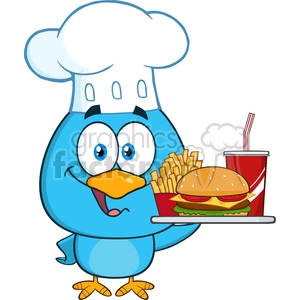 8828 Royalty Free RF Clipart Illustration Blue Bird Chef Cartoon Character Holding A Platter With Burger, French Fries And A Soda Vector Illustration Isolated On White