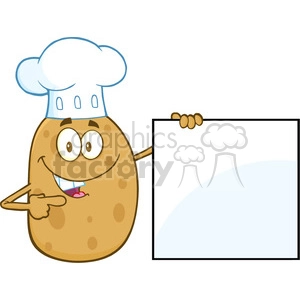 8792 Royalty Free RF Clipart Illustration Chef Potato Character Pointing To A Blank Sign Vector Illustration Isolated On White