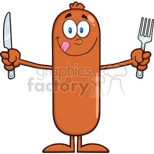 8436 Royalty Free RF Clipart Illustration Hungry Sausage Cartoon Character With Knife And Fork Vector Illustration Isolated On White