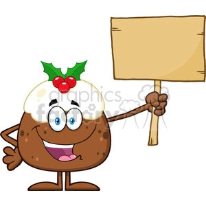 royalty free rf clipart illustration happy christmas pudding cartoon character holding up a blank wood sign vector illustration isolated on white