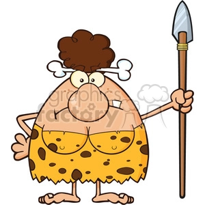 angry brunette cave woman cartoon mascot character standing with a spear vector illustration