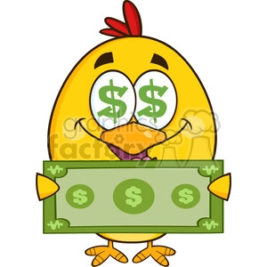 royalty free rf clipart illustration cute yellow chick cartoon character with dollar symbol eyes, holding cash money vector illustration isolated on white