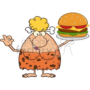 9965 chef cave woman cartoon mascot character holding a big burger and gesturing ok vector illustration