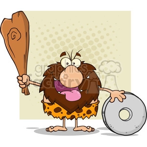 The clipart image contains a cartoon of a caveman holding a large club in one hand and a stone wheel in the other. The caveman is wearing a typical animal print loincloth and appears to have a confused or curious expression.