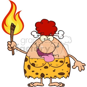 This clipart image depicts a cartoon cavewoman. She is holding a flaming torch, wearing an animal print outfit, has a bone in her red hair, and is sticking out her tongue. Her expression is one of playful mischief or delight.