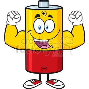 royalty free rf clipart illustration happy battery cartoon mascot character flexing vector illustration isolated on white