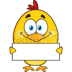 The image shows a cartoon of a cute, cheerful yellow chick with big blue eyes and a little tuft of red feathers on its head. The chick is standing and holding a blank sign or banner in front of it with its wings. The sign has ample white space suitable for customization with text or additional graphics.