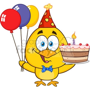 royalty free rf clipart illustration yellow chick cartoon character wearing a party hat and holding balloons and a birthday cake vector illustration isolated on white