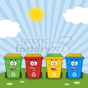 royalty free rf clipart illustration four color recycle bins cartoon character on a sunny hill vector illustration isolated on white background