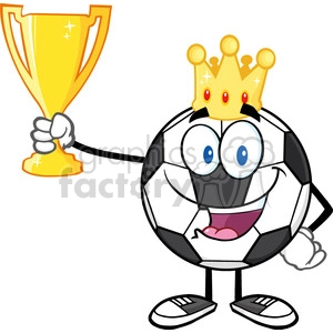 king soccer ball cartoon character with crown holding a golden trophy cup vector illustration isolated on white background