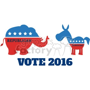 The clipart image contains stylized representations of a red elephant with the word REPUBLICAN and a blue donkey with the word DEMOCRAT, both embellished with white stars. Below the animals is the phrase VOTE 2016 in bold blue letters. The elephant and donkey are commonly used symbols for the Republican and Democratic parties in the United States, respectively. The image is related to the 2016 U.S. electoral campaign.