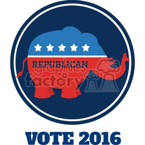 The clipart image features a circular emblem with a dark blue background and a lighter blue ring bordering the edge. Inside is a red silhouette of an elephant, representing the Republican Party, topped with a blue field and five white stars. Below the elephant, the word REPUBLICAN is prominently displayed. At the bottom of the emblem, the phrase VOTE 2016 is shown in bold, capitalized letters, indicating a political campaign or encouragement to vote in the year 2016.
