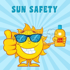 smiling summer sun cartoon mascot character holding a bottle of sun block cream vector illustration with blue sunburst background and text sun safety