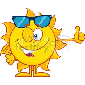The clipart image features a whimsical, anthropomorphic sun character. The sun has a smiling face, one visible winking eye, sunglasses resting above its eyes, and it's giving a thumbs-up gesture. The sun character also has legs and is standing upright.