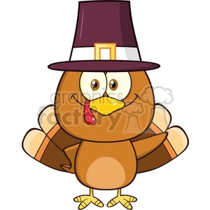 cute pilgrim turkey bird cartoon character waving vector illustration isolated on white
