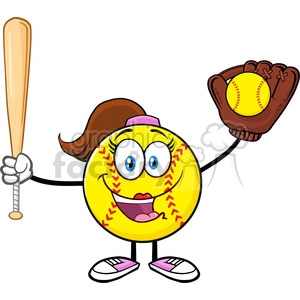 happy softball girl cartoon character holding a bat and glove with ball vector illustration isolated on white background