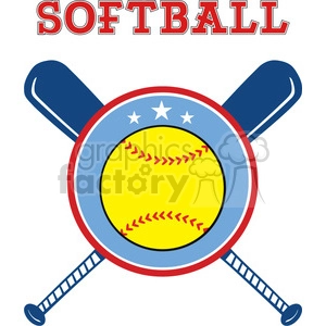 The clipart image features the word SOFTBALL in bold, block letters at the top. In the center, there is a brightly colored design with a yellow softball, featuring red stitches, superimposed on a blue and red circular background with white stars. Behind the softball are two crossed softball bats with blue handles and gray barrels.