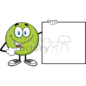 talking tennis ball cartoon mascot character pointing to a blank sign vector illustration isolated on white