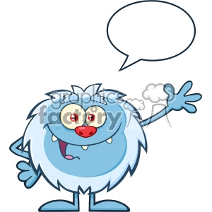 Cute Little Yeti Cartoon Mascot Character Waving For Greeting With Speech Bubble Vector