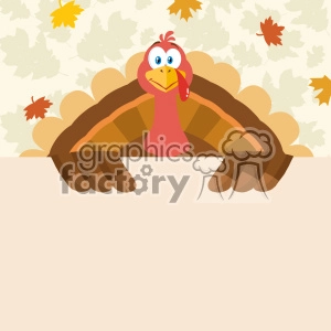 Happy Thanksgiving Turkey Bird Cartoon Mascot Character Holding A Blank Sign Vector Flat Design Over Background With Autumn Leaves