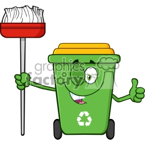 Winking Green Recycle Bin Cartoon Mascot Character Holding A Broom And Giving A Thumb Up Vector