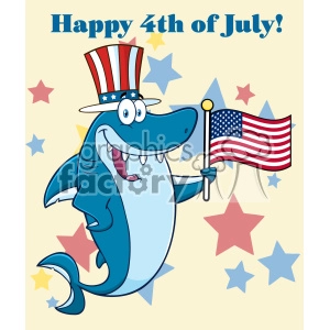 The image is a cartoon-style clipart featuring a shark character celebrating the 4th of July. The shark is wearing an Uncle Sam style top hat adorned with the United States flag pattern and is holding an American flag. The background features a pattern of stars in red, white, and blue colors, and the phrase Happy 4th of July! is displayed at the top.