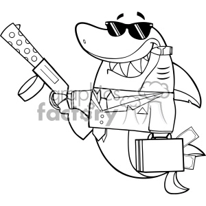 This clipart image features a cartoon shark character in a humorous and anthropomorphized style. The shark is wearing sunglasses and a business suit with a tie. It is holding a gun in one hand and a briefcase full of money in the other, with some bills falling out. The shark is also grinning, which adds to the comedic effect of the image.