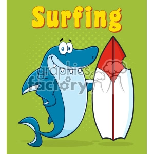 This clipart image portrays a humorous and stylized cartoon shark standing next to a surfboard. The shark has a friendly and exaggerated grin with large, rounded eyes conveying a goofy demeanor. Above the shark, the word Surfing is written in bold, yellow font against a green background with a subtle halftone dot pattern.
