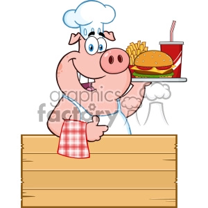 10723 Royalty Free RF Clipart Chef Pig Cartoon Mascot Character Holding A Tray Of Fast Food Over A Wooden Sign Giving A Thumb Up Vector Illustration