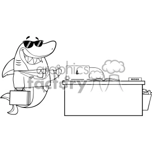 In this clipart image, there is a cartoon character of a shark standing upright like a human, with some funny and personified features. The shark is dressed in a professional manner, wearing a tie and carrying a briefcase, creating a business-like appearance. It is also wearing sunglasses. The shark is standing beside a desk, on which rests an open book and a laptop with an apple symbol on it, giving an impression of an office workspace. It seems like the shark is depicted as a boss, as indicated by the plate on the desk with the word BOSS. The shark is giving a thumbs-up gesture, suggesting a positive or successful connotation. It's a humorous take on a professional setting with the shark as the central figure.