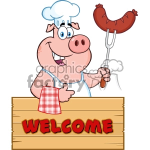 The clipart image depicts a cartoon pig wearing a chef's hat and a white apron with a blue outline. The pig is holding a large sausage on a fork and giving a thumbs-up sign. It is standing behind a wooden sign that reads WELCOME, with the sign featuring a red, checkered napkin or cloth draped over one corner.