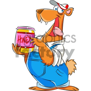 The image shows a cartoon bear wearing blue overalls and a white undershirt, with a red and white baseball cap placed backwards. The bear appears to be happily holding a jar labeled HONEY with one hand, licking his lips in anticipation.